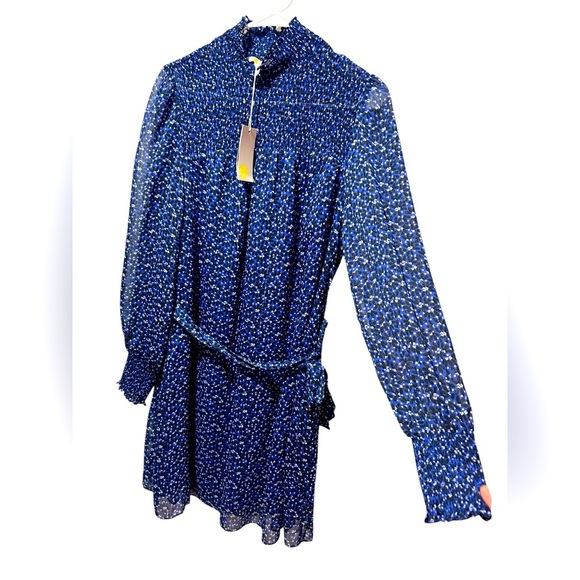 Boden Mara Bramble smocked blue long sheer sleeves dress Anthropologie Size 8 - Picture 2 of 9